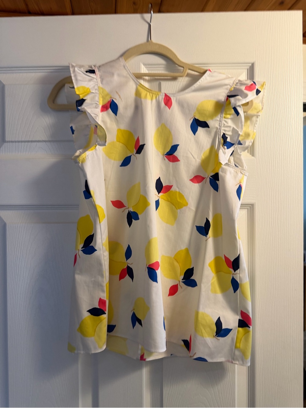 kate spade White Floral Ruffle Sleeve Top - Yellow, Navy & Pink